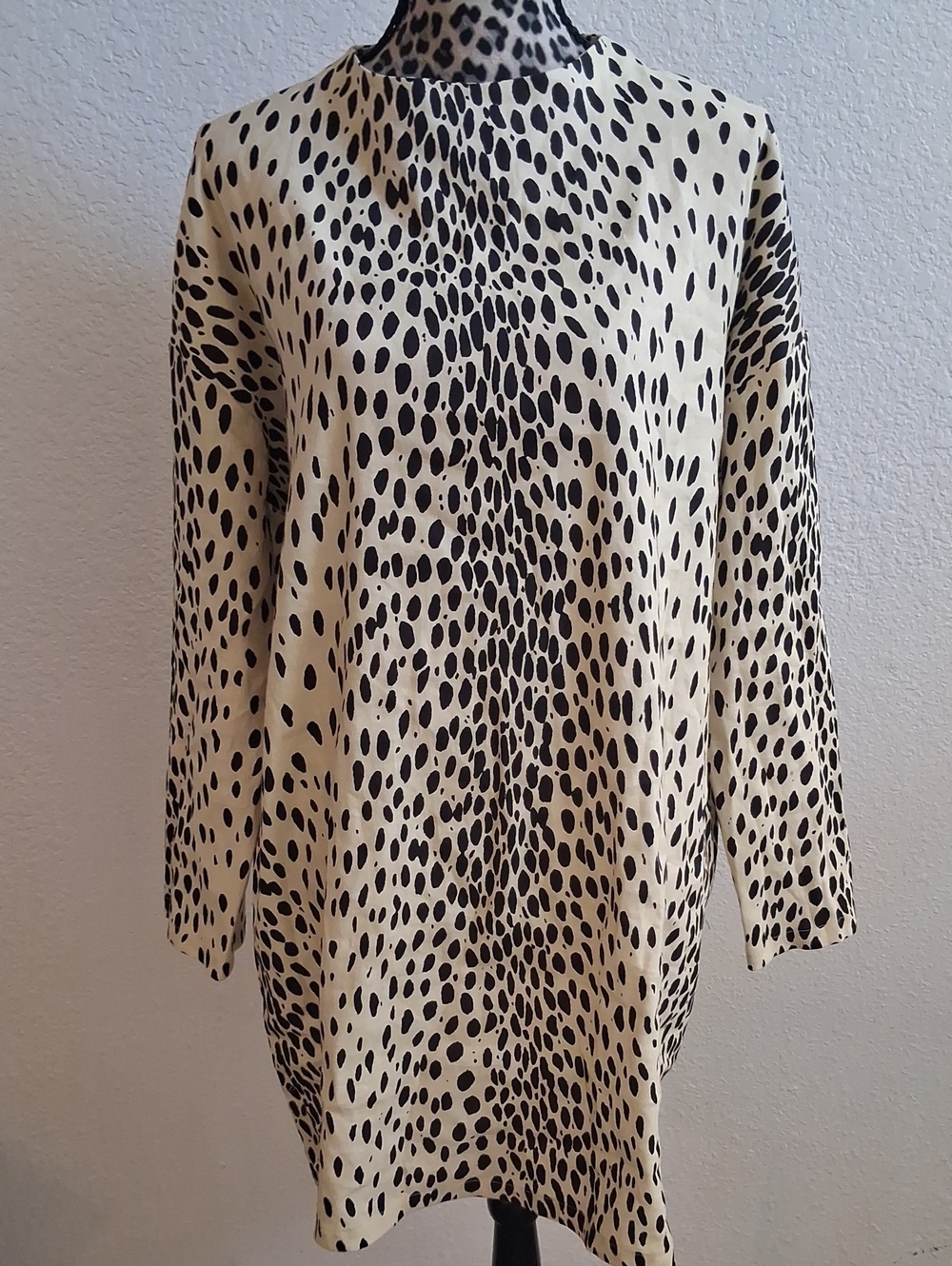 Emerson Fry Cream & Black Leapard 3/4-Sleeve Tunic Mini Linen Blend Dress. 10-12